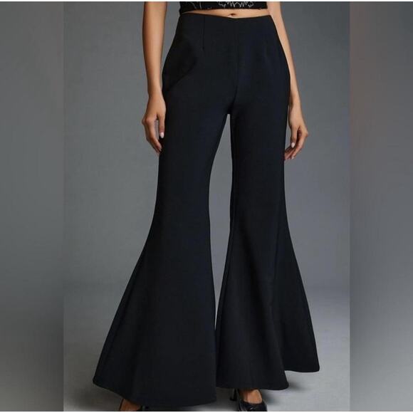 Anthropologie Black Super Flare Leg Pant Women's 14 Flat Ponte Stretch Knit NEW - Picture 1 of 7